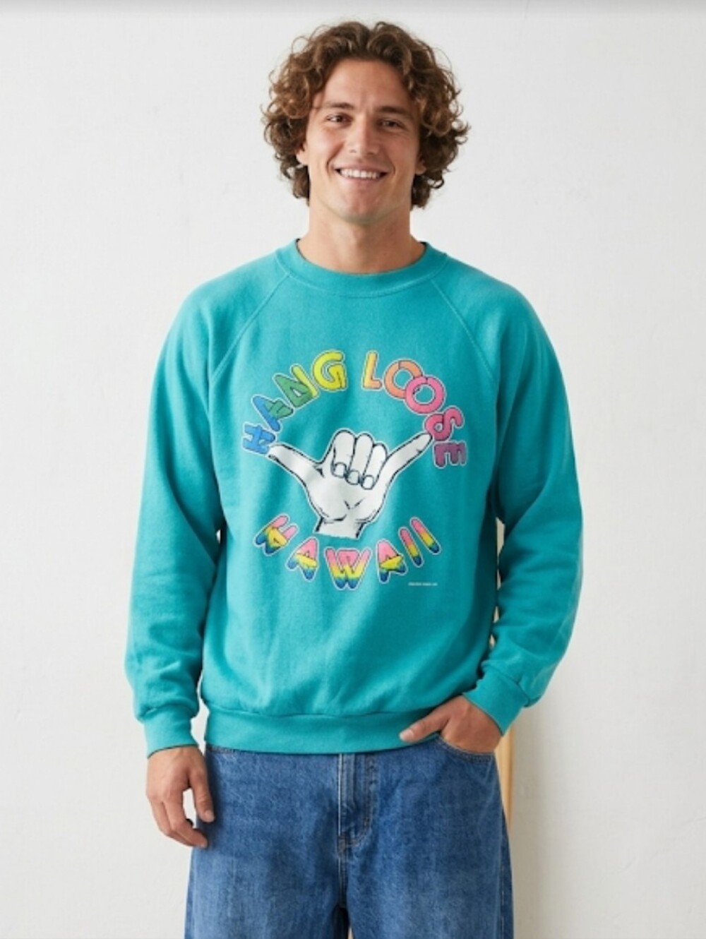 Vintage Unisex Hanes USA‎ Hang Loose Shaka Hawaii Crewneck Sweatshirt Aqua Large